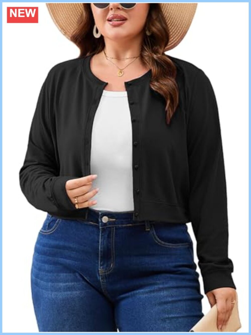 Plus Size Cropped Cardigan Lightweight Button Front Knit Crew Neck 1X-5X